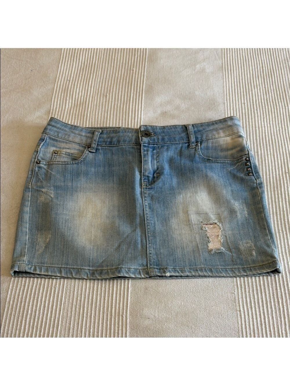 Yellow Beetle Blue Distressed Denim Mini Skirt Size Large
